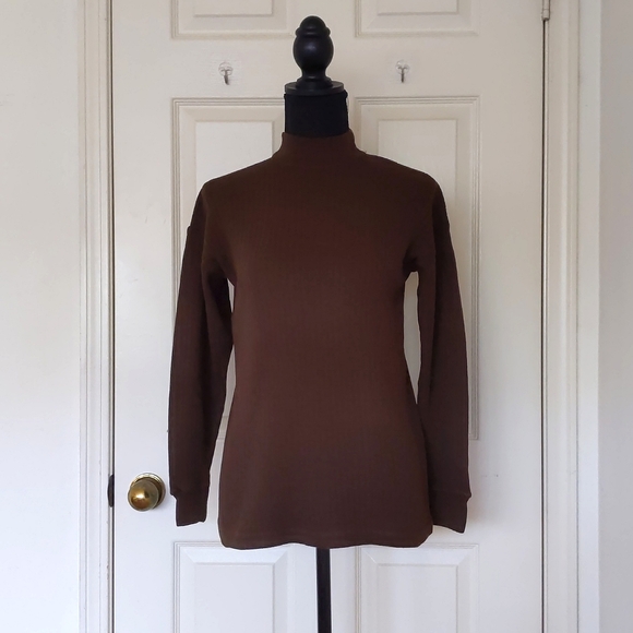 Dropped Shoulder Long Sleeve Cotton Knit Stripe 1.5" Turtleneck Top. - Picture 1 of 4